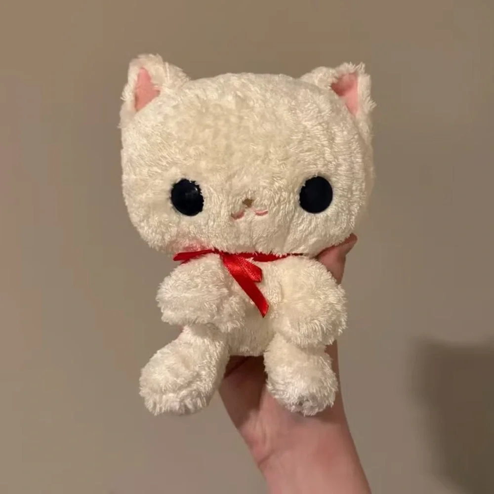 Adorable Cream Cat Plush Toy with Red Bow